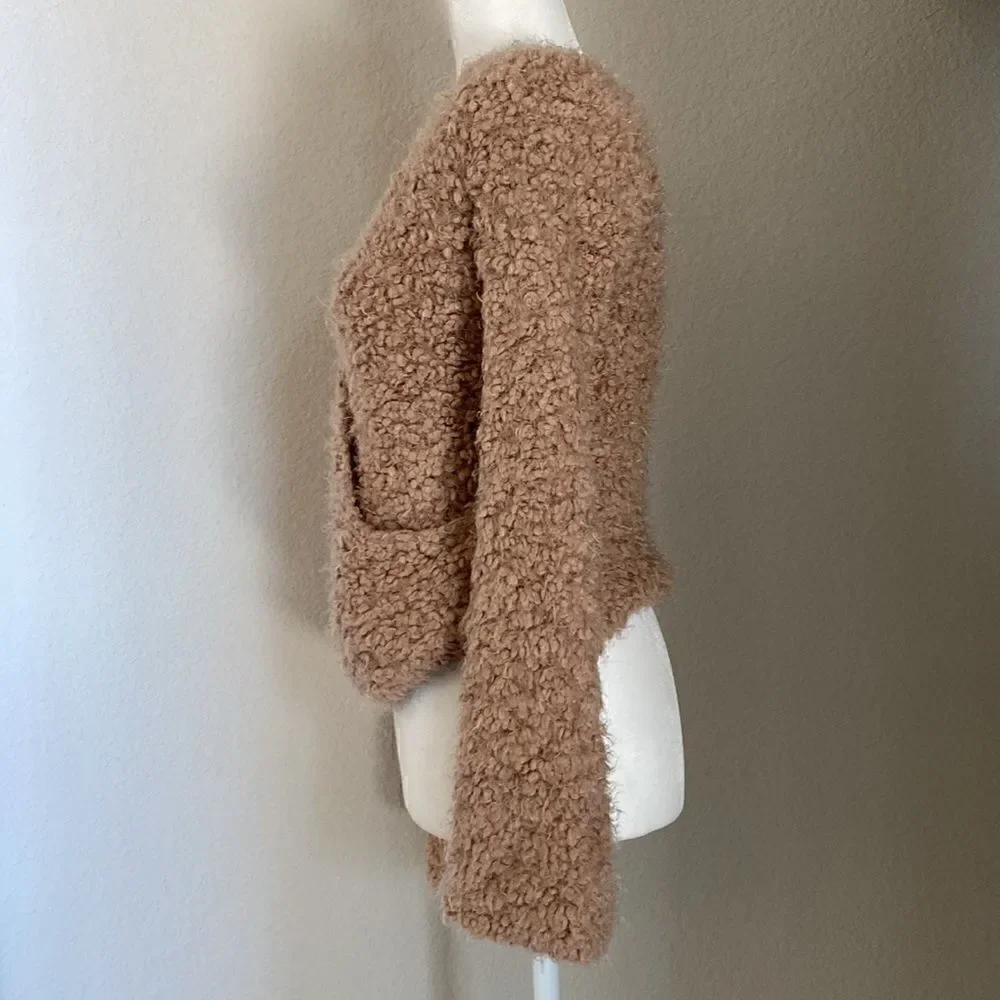 Free People Front Wrap Fuzzy Soft Long Sleeve Top Small Beige Nude Cream Earthy